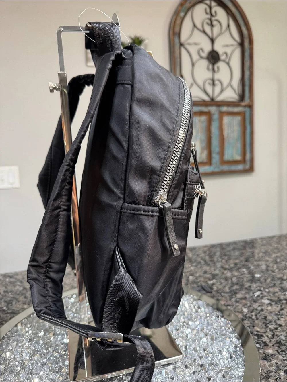 Anne Klein Black Nylon Medium Backpack with Silver Zippers NWT
